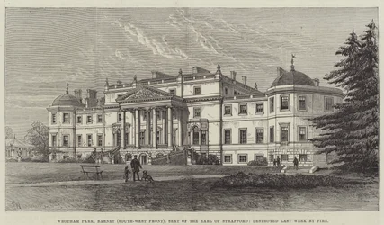 Wrotham Park, Barnet (Südwestfront), Sitz des Earl of Strafford, letzte Woche durch Feuer zerstört